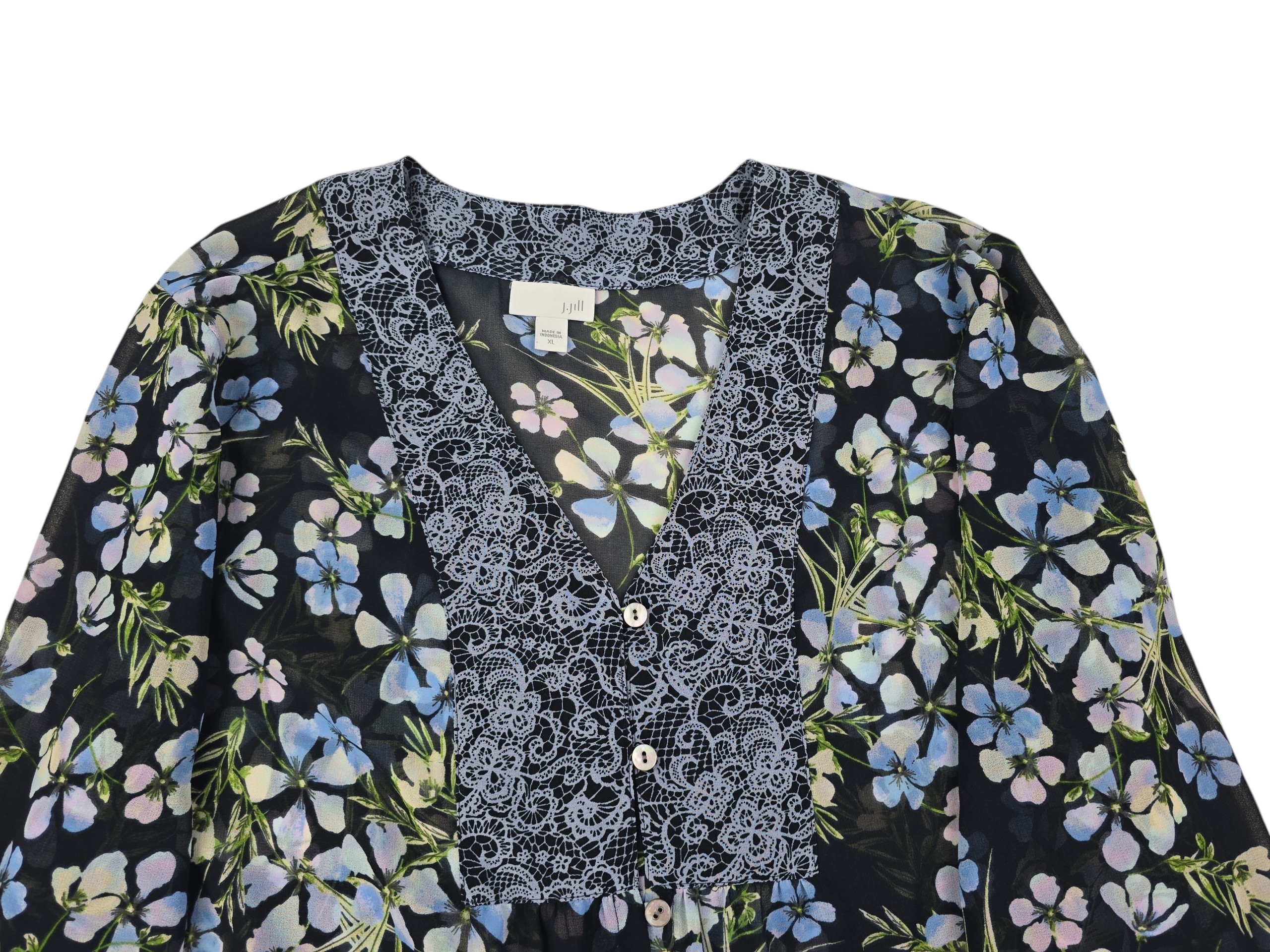 J Jill semi sheer blouse V-neck button detail