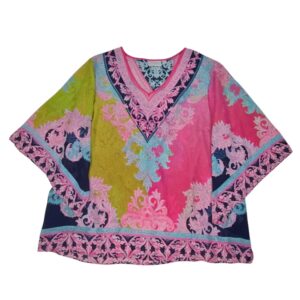 Belle Kim Gravel 2X blouse semi sheer colorful flowy pullover front view