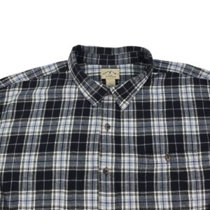 close up front Blue Mountain cotton flannel shirt black plaid pattern and buttons