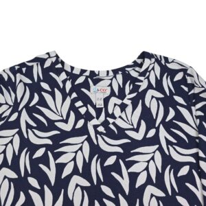 Denim & Co V neck top leaf print close up navy white pattern