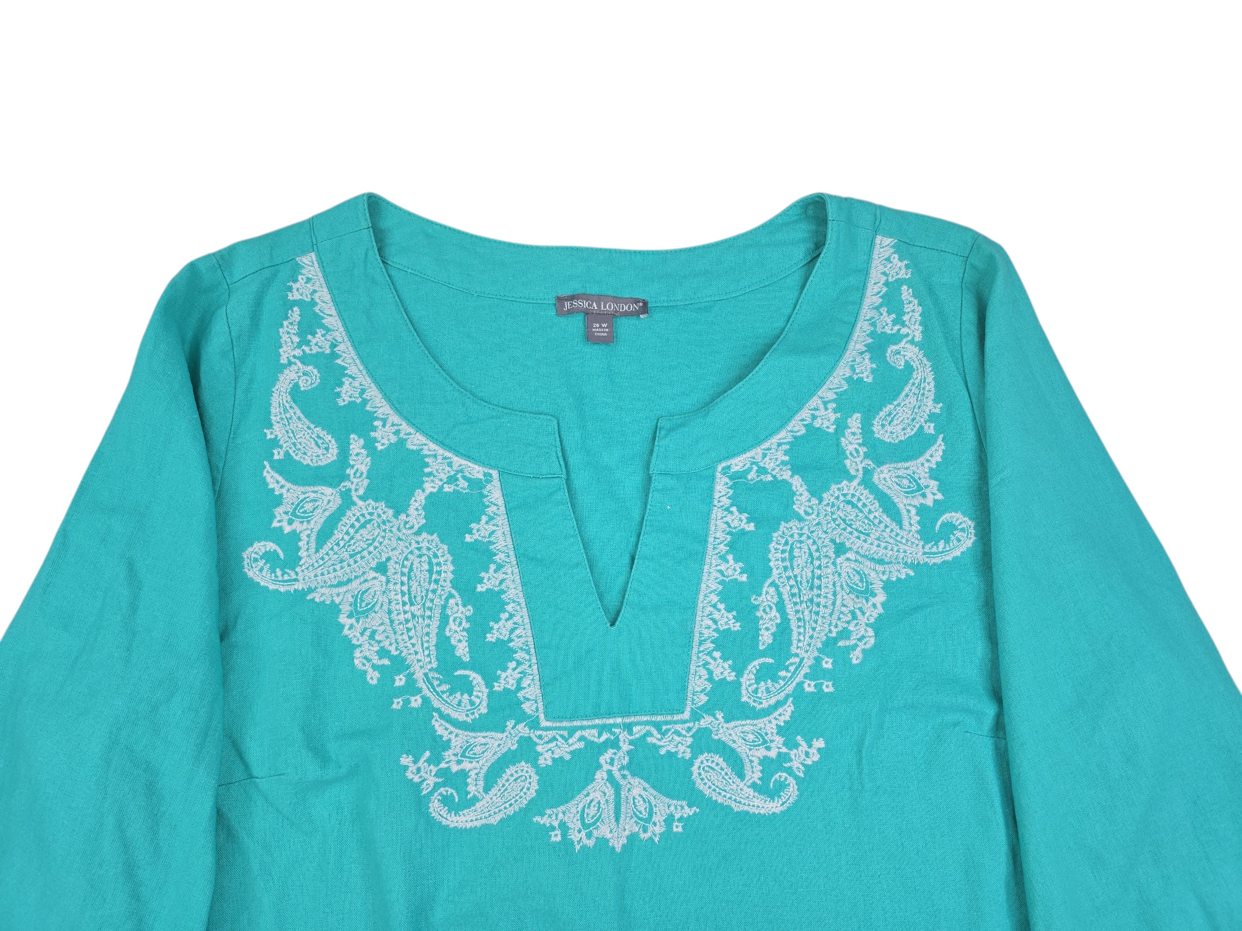 Jessica London embroidered linen top close up embroidery neckline