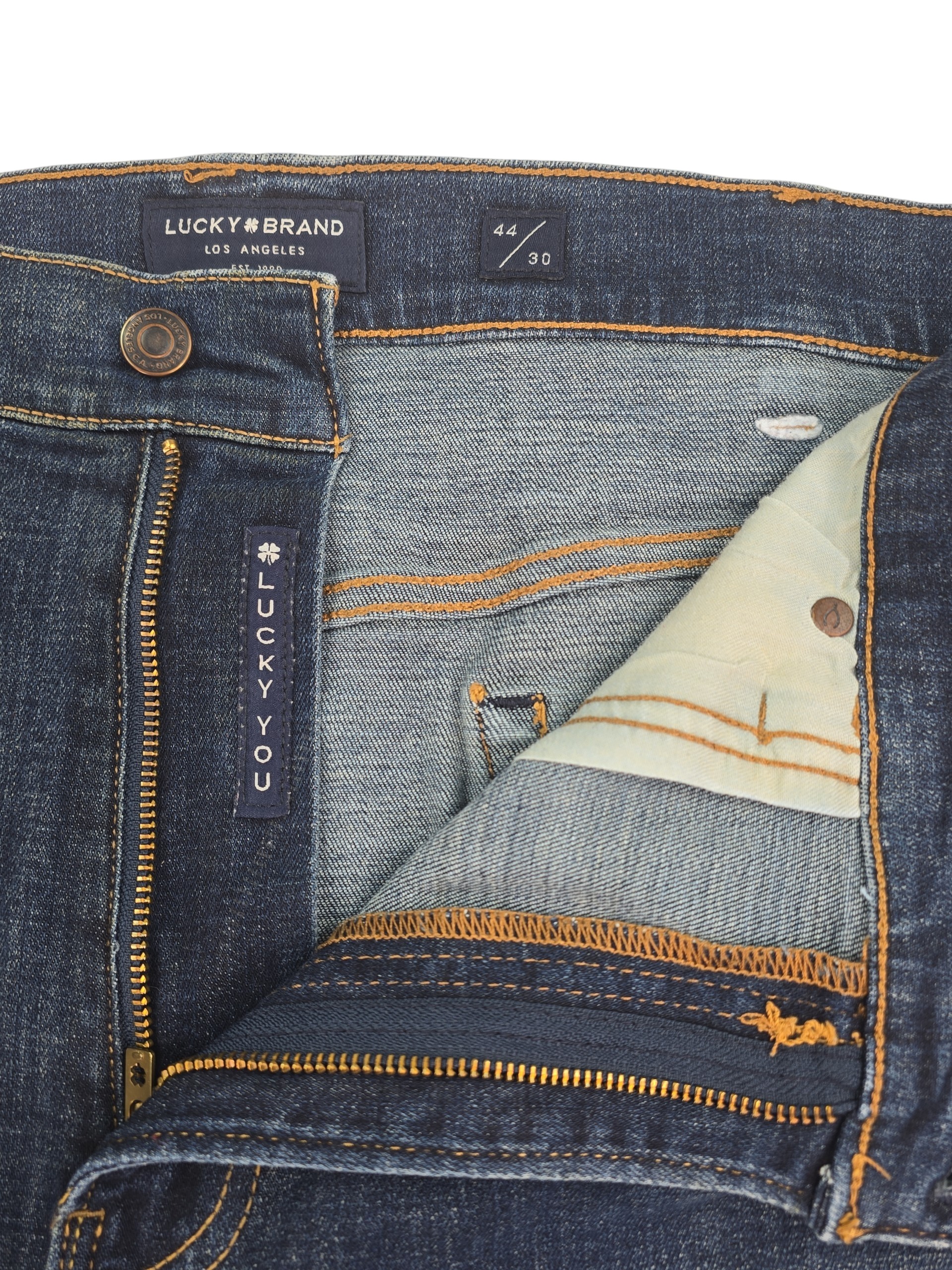 Lucky Brand jeans waistband zipper and button closure detail men's 44x30