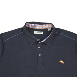 Tommy Bahama IslandZone performance polo navy front detail with logo