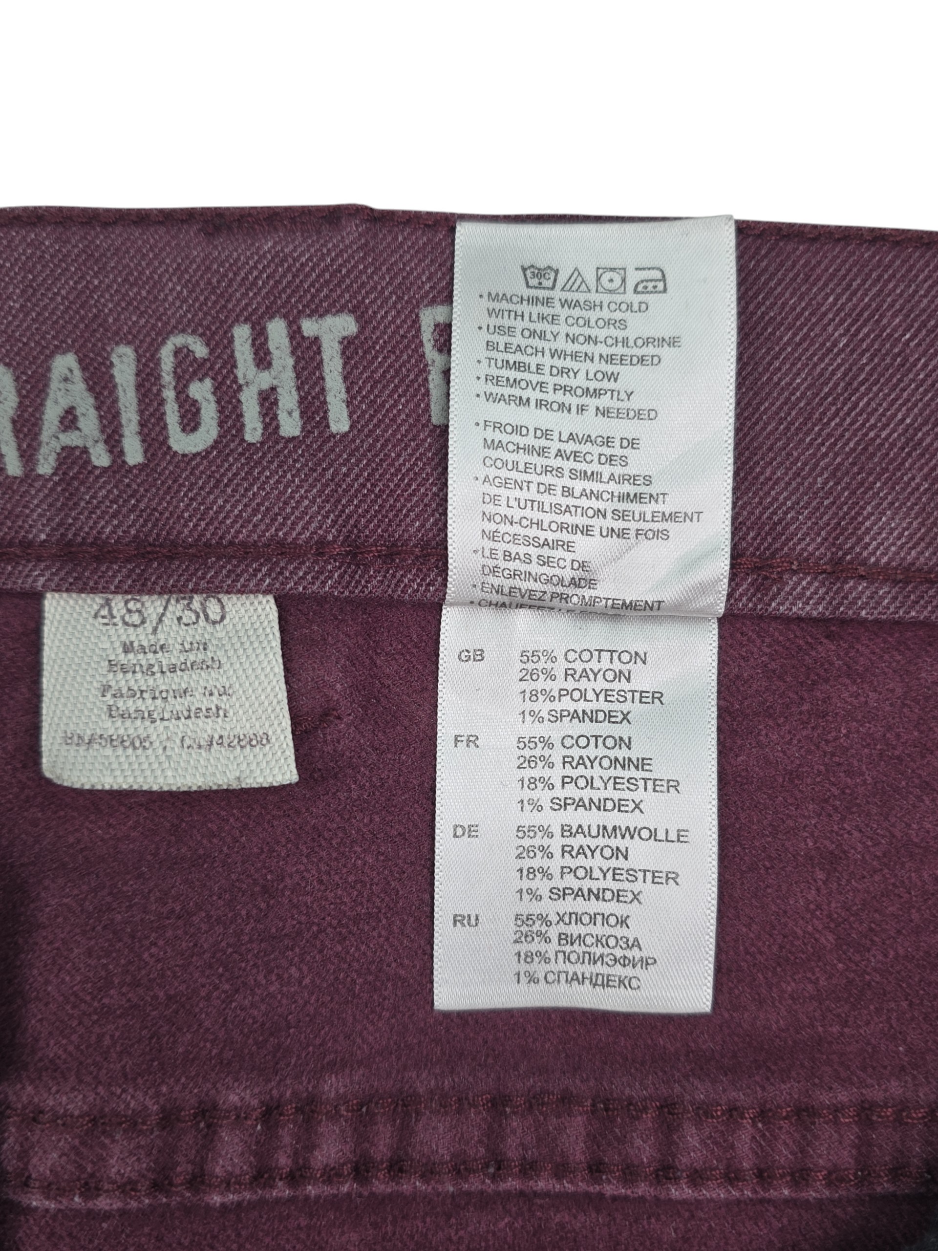 True Nation men's denim jeans material content and care label cotton rayon polyester spandex