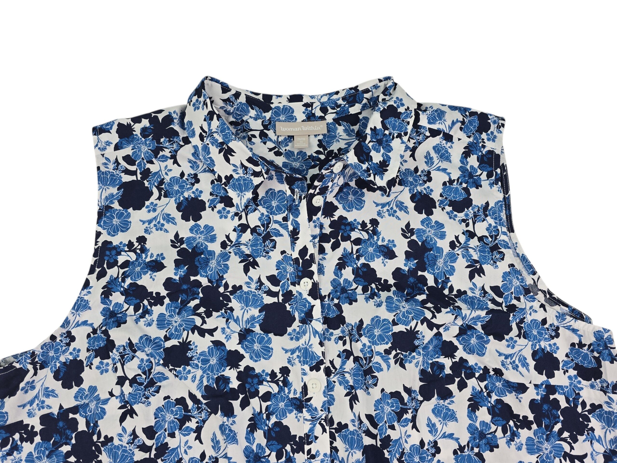 blue floral sleeveless blouse fabric detail