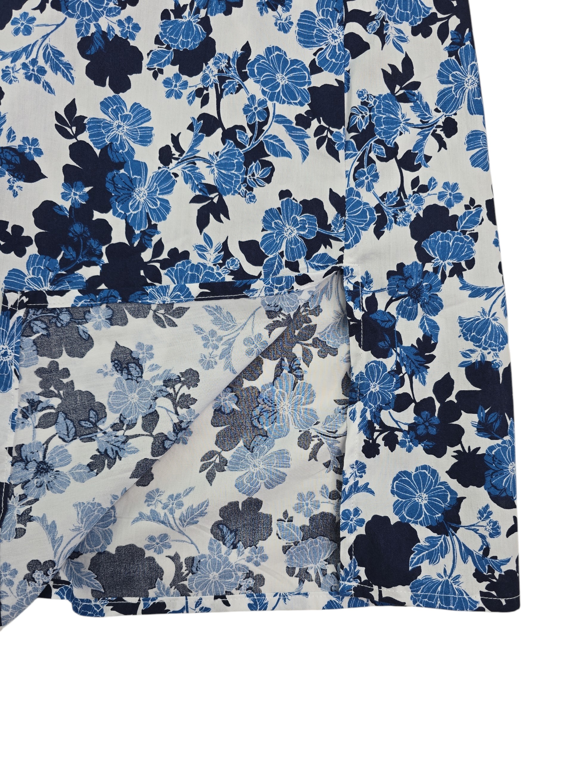 blue floral sleeveless blouse side split hem