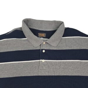 gray navy striped polo shirt front detail button placket