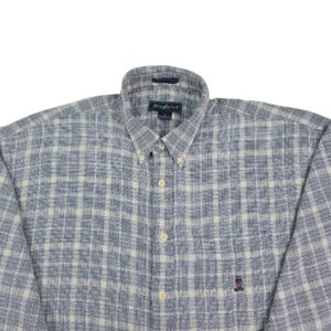 close up front Siegfried long sleeve button up shirt geometric pattern and buttons
