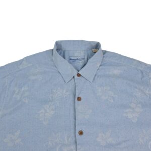 close up front Tommy Bahama silk shirt buttons collar tropical pattern
