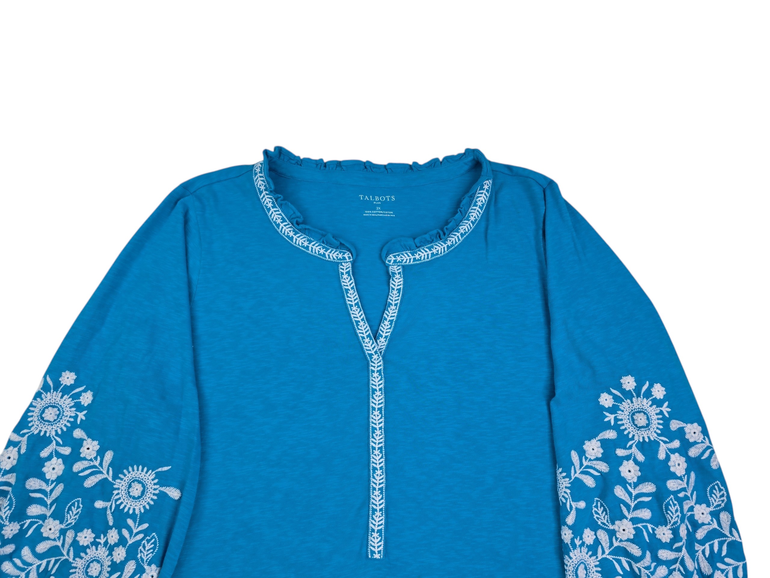 Talbots | Turquoise Embroidered Cotton Top | Plus Size 2X - Image 2