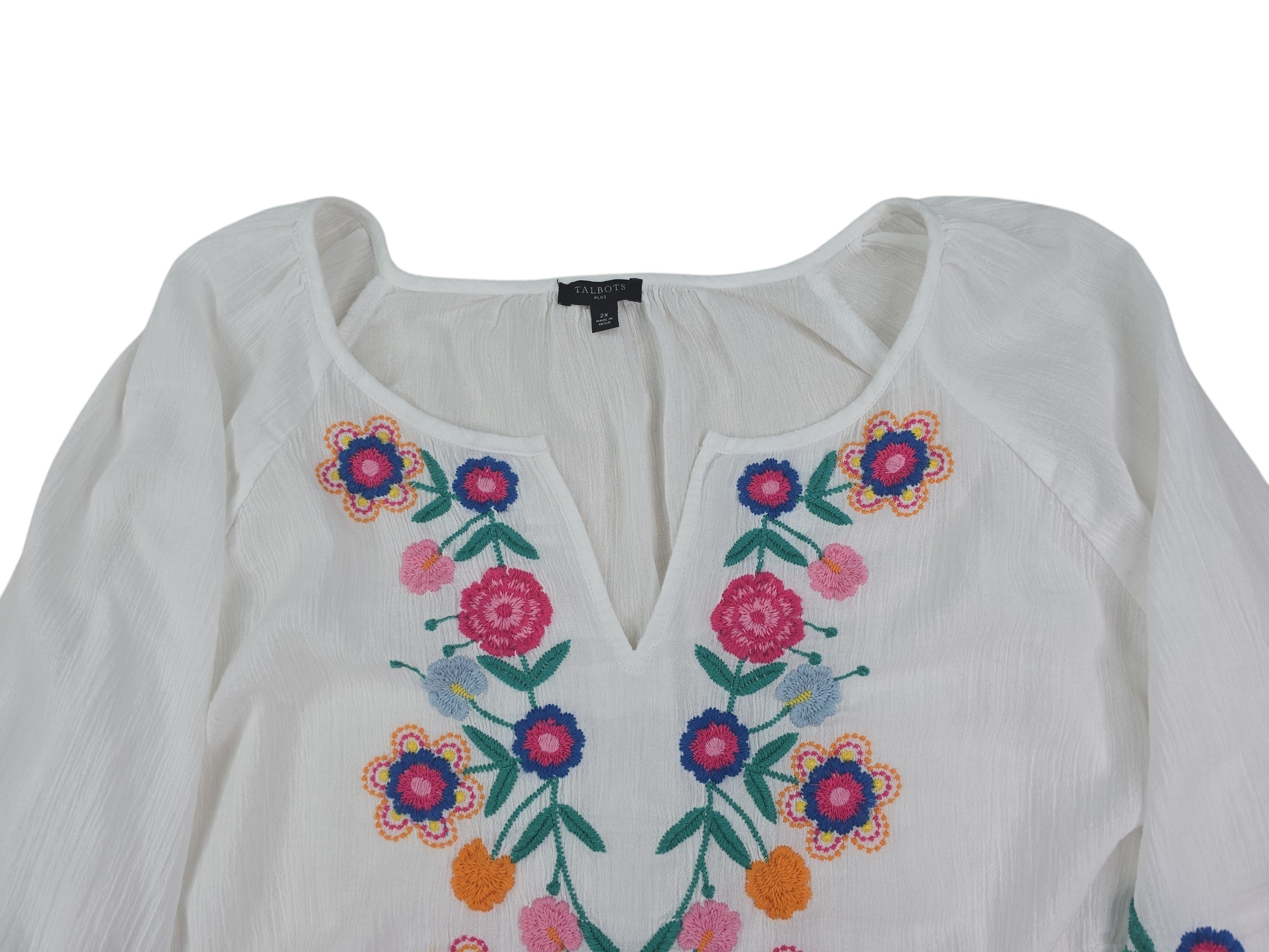 Talbots cotton embroidered top floral embroidery detail on white cotton blouse